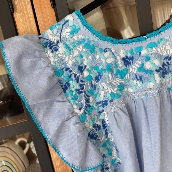 Emilia Collection blouse top embroidered oaxaca ruffle handmade turquoise tunic - Picture 7 of 8